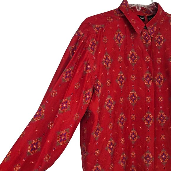 VTG Diane Gilman Red Silk Button Up Shirt L Boho Floral Print Hidden Button - Picture 3 of 10